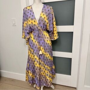 Zury Purple Yellow Silk Blend V-Neck Maxi Dress Tassel Ties Free Size Boho EUC